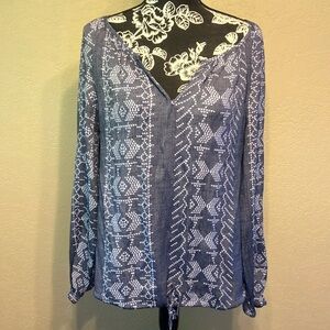 LG COMO VINTAGE GRAY & WHITE V NECK LONG SLEEVED GATHERED ADJUSTABLE BOTTOM TOP